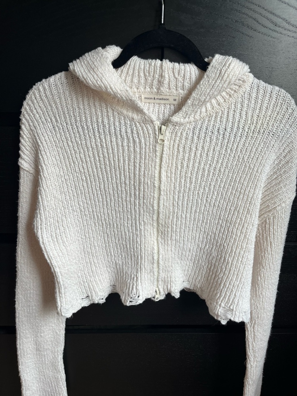 Moon & Madison Anthropologie Cream Hooded Cropped Zip Knit Sweater Medium Boho